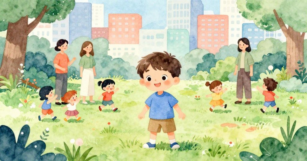 湯瑪在熱鬧市園中穿行，神情略帶緊張又充滿希望，周圍孩童嬉戲、大人溫馨交談，現場生動活潑。