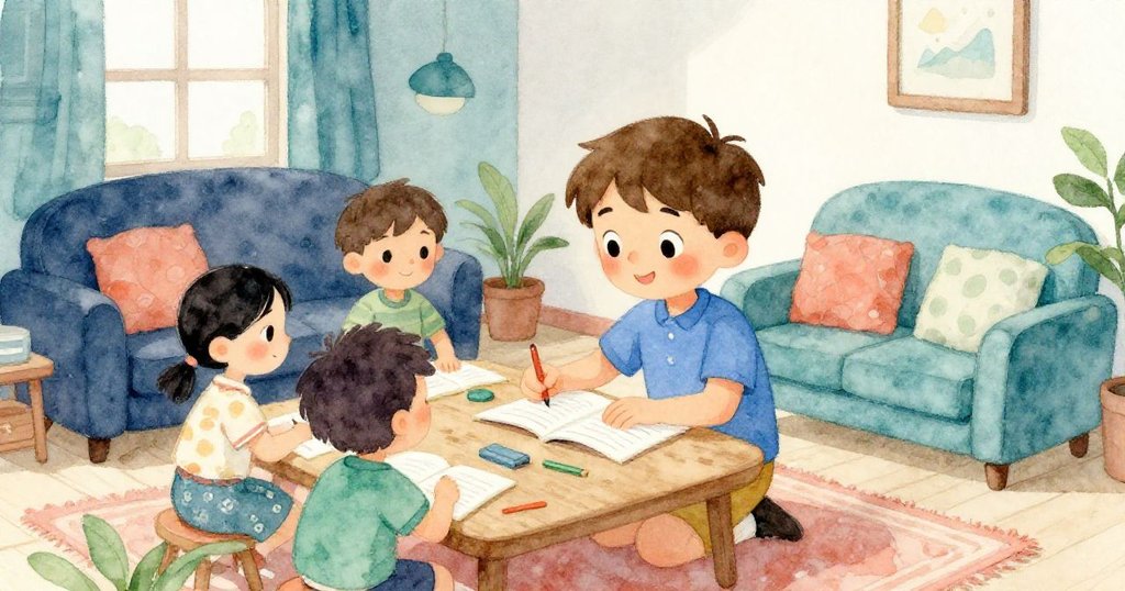 湯瑪回到溫馨家中，和朋友們圍坐桌旁解題，珍藏紙條象徵冒險，室內燈光柔和寧靜。