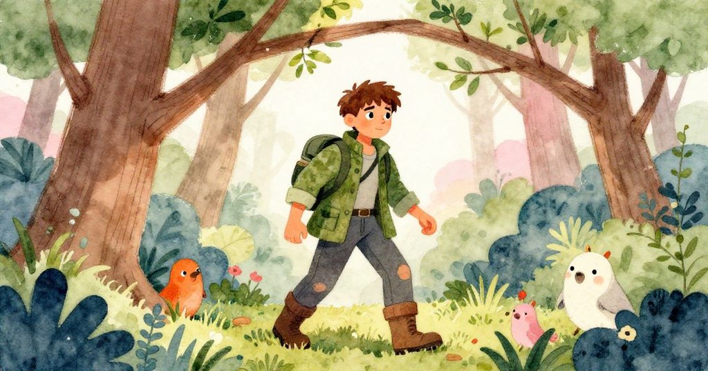 獵人踏入綠意盎然的森林入口,迎接冒險,表情專注,環境充滿陽光與生命氣息。