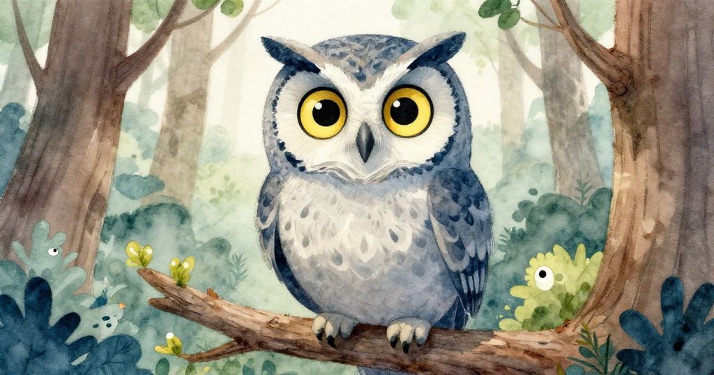 聰明的貓頭鷹從高枝俯瞰森林,瞳孔閃爍著智慧光芒,展現全局觀察與平靜情緒。