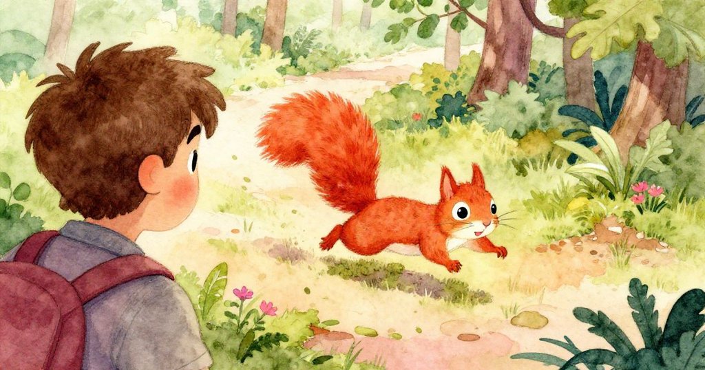 從獵人背後看出,活潑松鼠在嫩綠林地上跳躍,充滿好奇與喜悅,森林生機蘊藏其中。