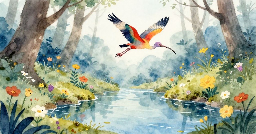 清澈溪流下的倒影映出野花與苔蘚,一隻異常的朱鷺俯衝而過,森林神秘魅力展現。