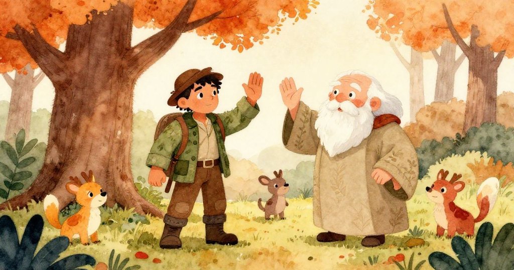 橡樹旁長者熱情揮手,獵人與小動物共同慶祝難忘時刻,洋溢平和與喜悅氣氛。