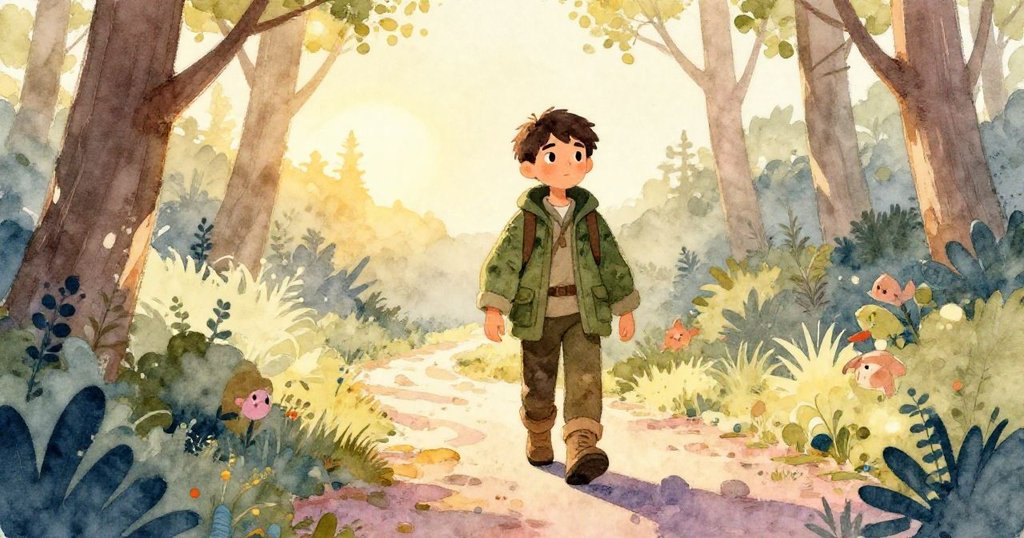 夕陽餘暉灑在樹間小徑上,獵人帶著平靜與期盼繼續前行,森林迎來安靜黃昏。