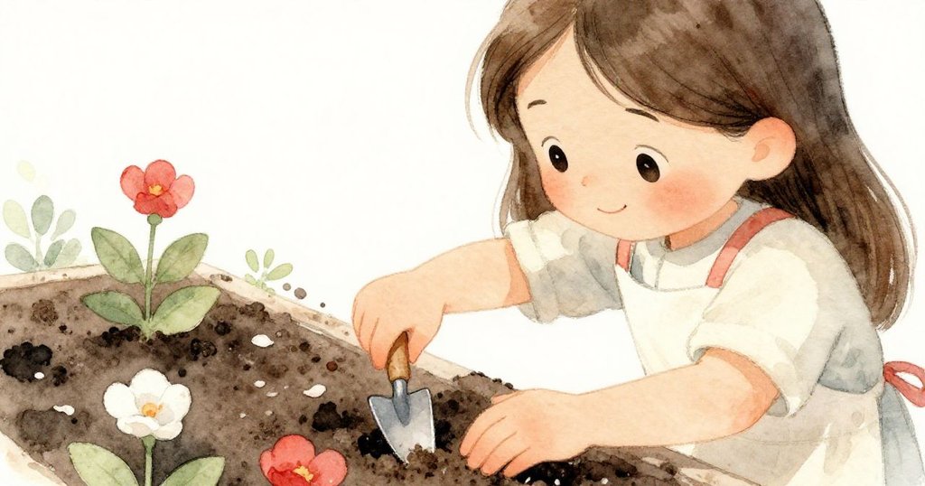 Mia低頭專注整理花叢，用小鏟撥弄泥土，雙手細膩動作展現出對花園的熱愛與關懷。