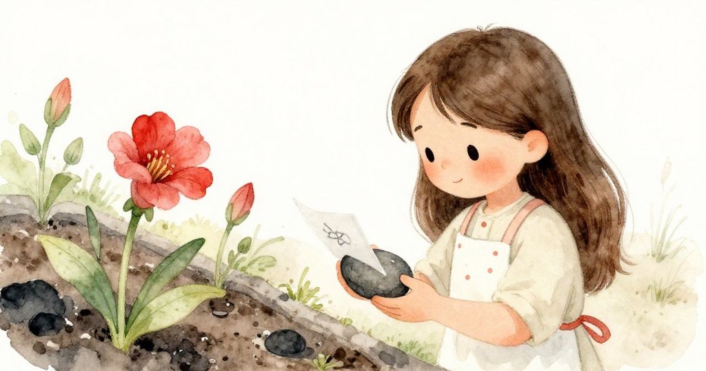 Mia彎身在蔬菜旁細看石上紙條，旁邊鮮豔花朵驚喜綻放，神情充滿好奇與期待。