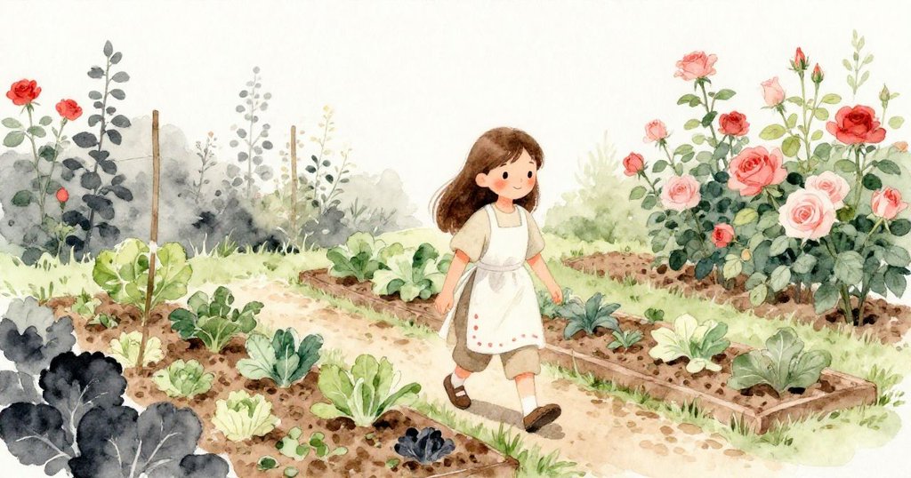 Mia在陽光普照的花園中巡視蔬菜與玫瑰，畫面廣闊，充滿季節豐收的喜悅與生機。