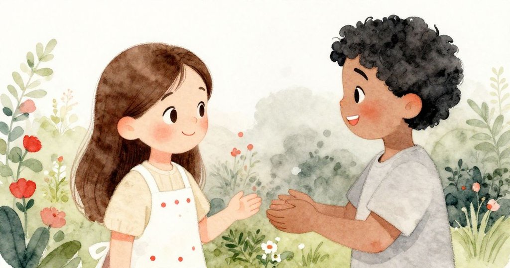 Mia與隔壁鄰居在花園中愉悅互動，雙方親切微笑表現出共享晨間喜悅與溫暖情感。