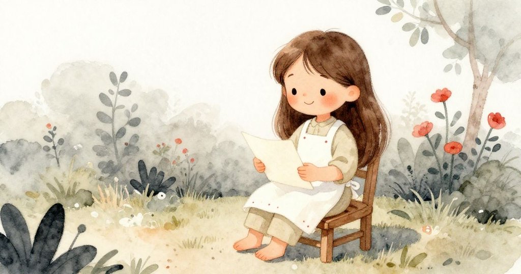 Mia坐在花園角落休憩，輕握紙條，臉上透露滿足與寧靜，環境溫暖安詳充滿自然氣息。