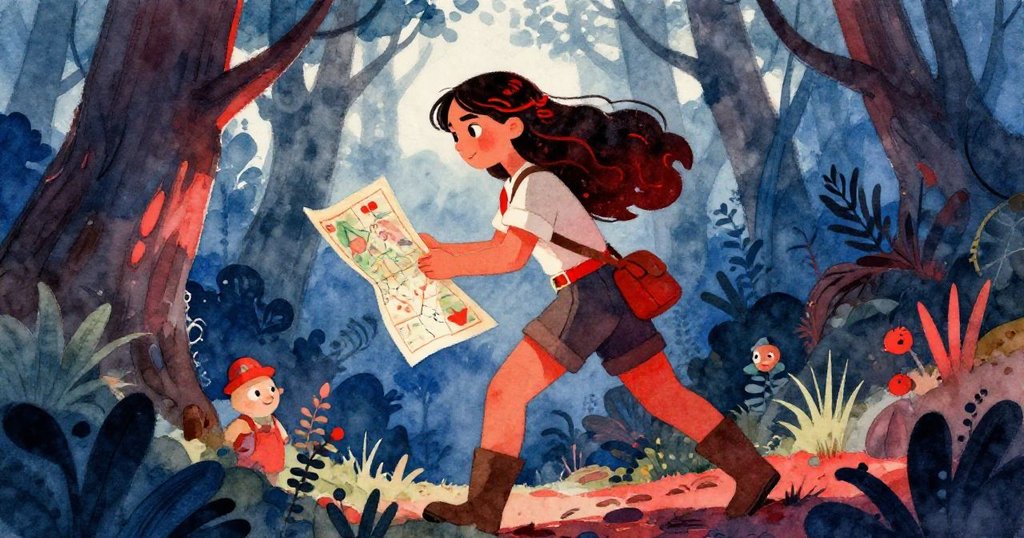 Elena在幽深森林中踏上旅程，手持地圖，眼神堅定，環境充滿神秘與冒險感。