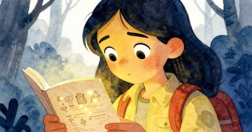 Elena凝視手中古老筆記，眼神充滿好奇與驚奇，映照森林中隱藏的秘密。