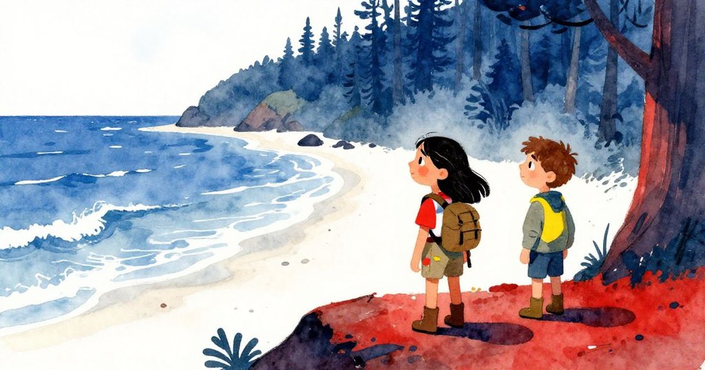 Elena與Tom站在高處俯瞰海岸林地，海浪撞擊沙灘，兩人充滿期待地指向神秘海域。