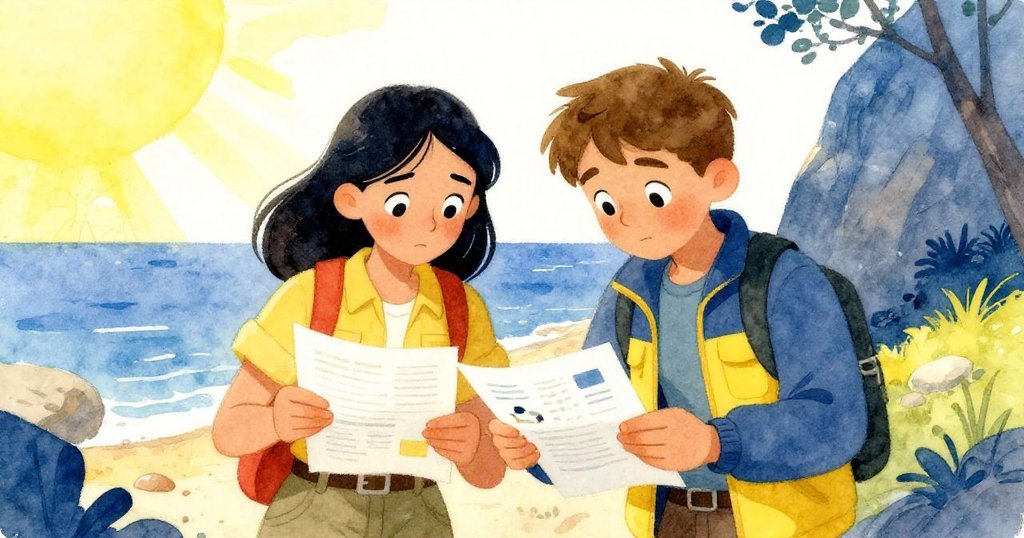 Elena和Tom在隱蔽海灣熱烈討論筆記和樣本，陽光灑落，環境生動充滿驚喜與分享情感。