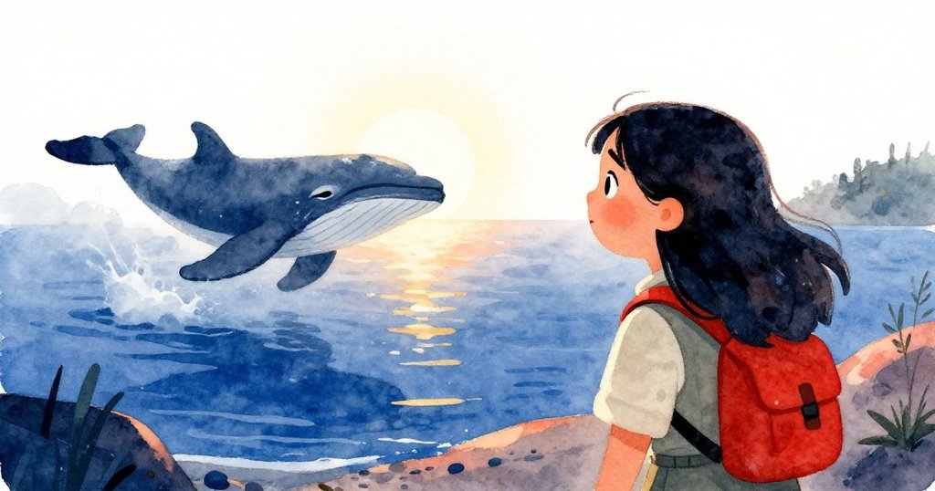 Elena在海灣晨光中凝望逐漸消逝的獨角鯨，微霧輕繞，展露出沉思與堅定的情感，場景寧靜美麗。