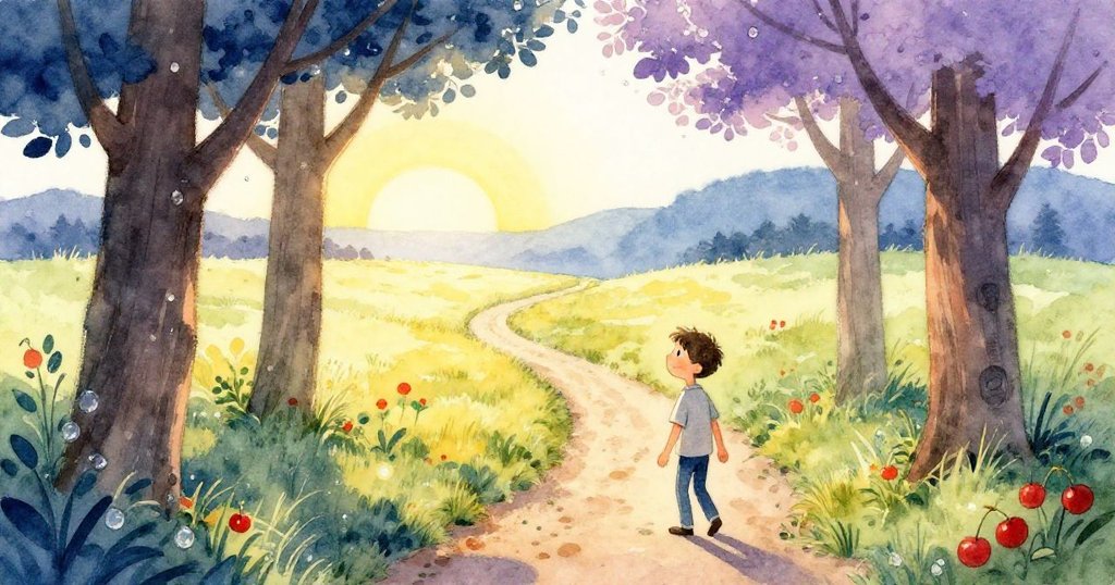 馬丁踏著露珠閃耀的鄉間小徑，眼神充滿期待，晨光映襯下展現寧靜草原與自然入口。