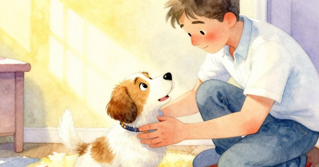 馬丁溫柔梳理賈斯珀的毛髮，手部細緻動作與寵物滿足眼神在晨光中展現親密情感。