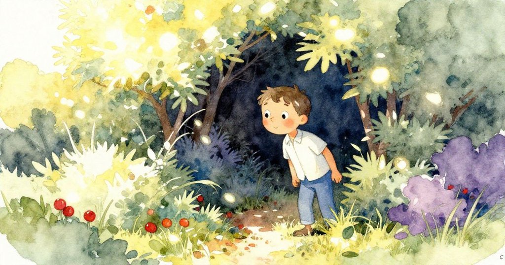 馬丁從濃密灌木縫隙中探出頭來，驚奇目光觀察隱秘角落，晨光斑駁暗示神秘寧靜。