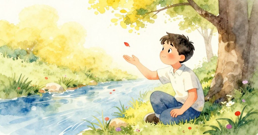 馬丁在隱蔽角落中輕伸雙手接住飄落花瓣，小溪低語與晨光輕柔交織，表情充滿溫柔驚喜。