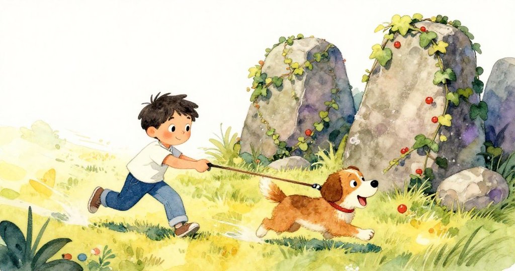 賈斯珀興奮拉扯牽繩帶領馬丁奔向覆滿常春藤的古老石堆，兩者動感十足，晨光映照中充滿活力。