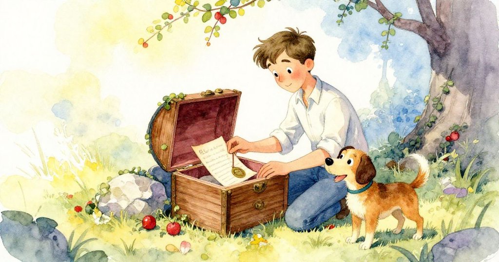 馬丁在古老石陣中打開刻符木盒，露出泛舊信件和紀念章，賈斯珀靜伴旁邊，晨光中散發寧靜驚喜。