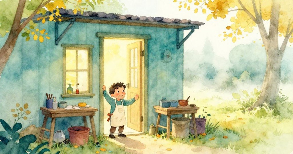 清晨微霧中，馬丁使用鑰匙打開作坊大門，背景透露秋日光影，表情期待而溫暖。