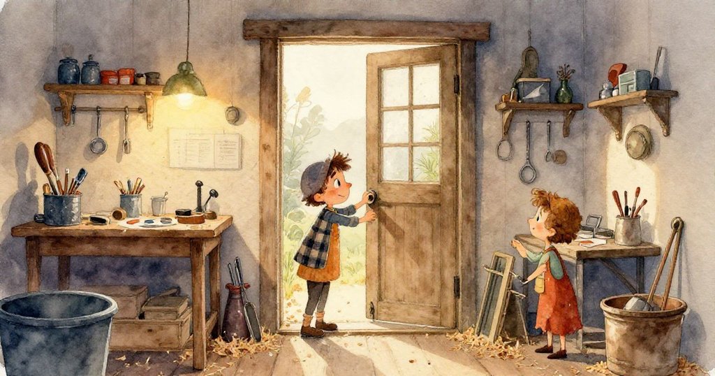 馬丁專注雕刻金屬，雙手靈巧操作工具，工作台上散落工具與木屑，充滿專注與熱情。