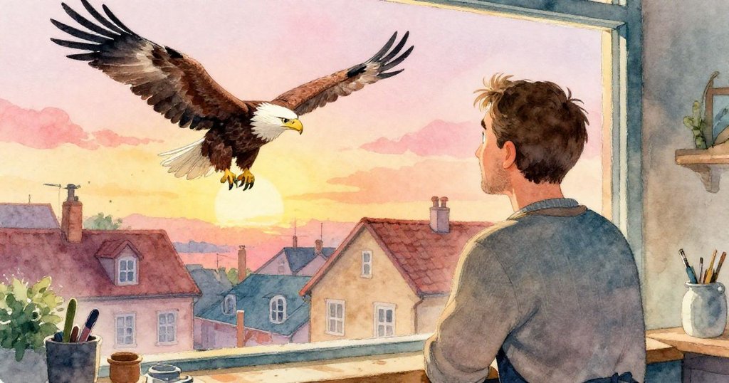 馬丁從窗邊凝望外景，見雄鷹高飛於屋頂間，背影顯露驚喜與靈感燃起。
