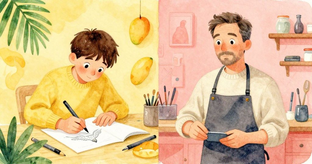 馬丁一邊在工作桌前動筆勾勒抽象鷹形設計，一邊環顧滿是工具與作品的工作室，展現夢想與現實交融。