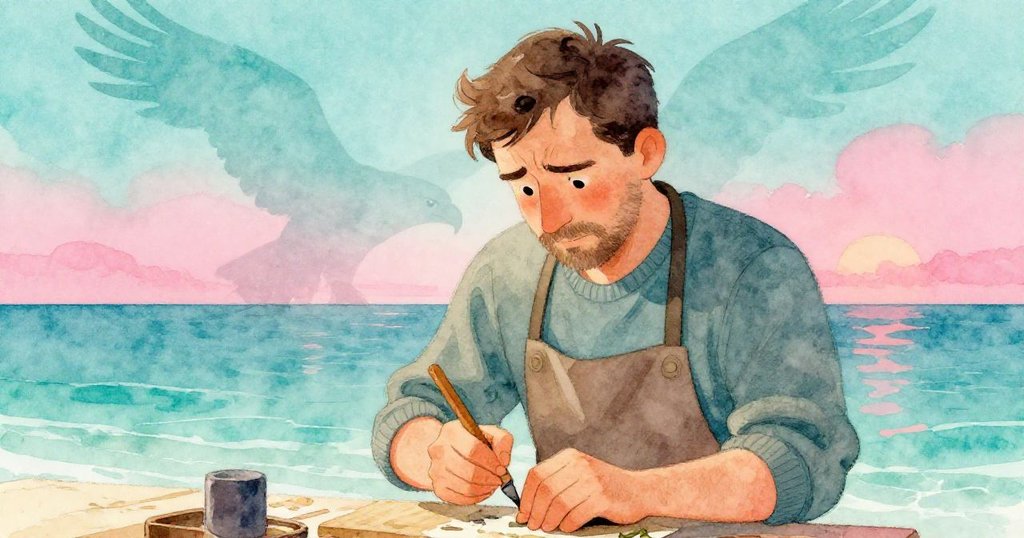 馬丁面帶堅定與掙扎神情，專注雕刻中見抽象鷹影投射，場景燈光柔和，情感深沉。