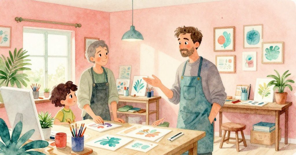 作坊中，馬丁與藝術收藏家熱情交流，周圍陳列著成品與工具，室內光影溫暖，氣氛充滿希望與滿足。