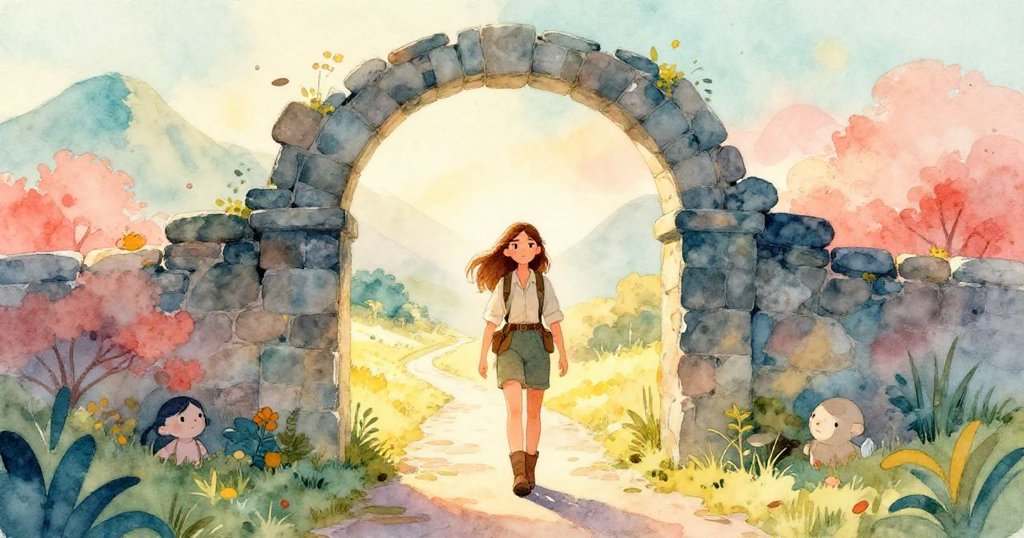 Anna踏在古老小徑上,迎著晨曦探險,神情既期待又謹慎,背景顯示遠山與石門,充滿希望與冒險感。