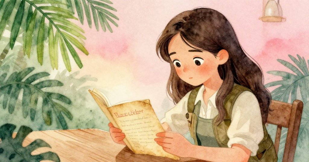 Anna聚精會神地閱讀古舊信件,木桌與溫暖窗光襯托出她回憶和柔情的臉龐,室內充滿家庭記憶。