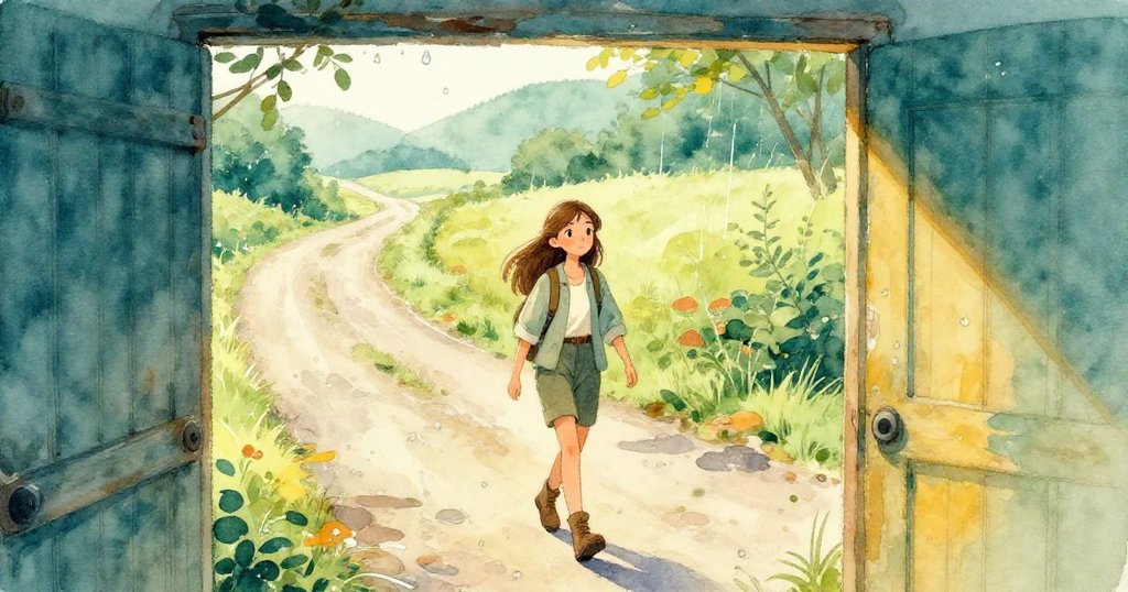 透過小門縫觀察Anna在鄉村小路上漫步,清晨露水映襯她的笑容與自在情懷,背景自然寧靜,充滿和煦光輝。