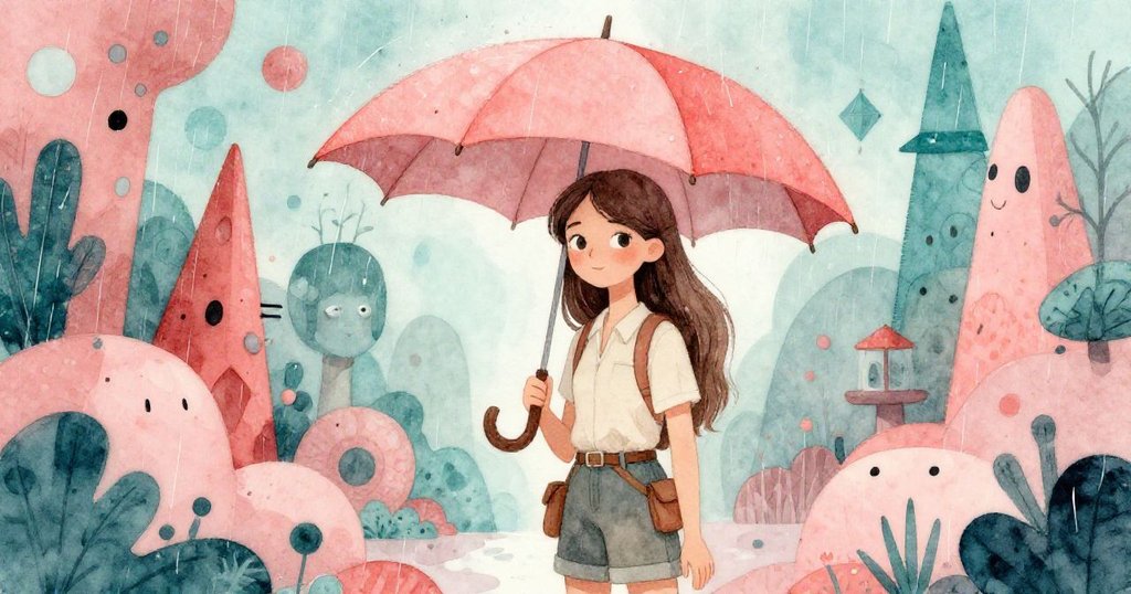 在傾盆大雨中,Anna舉傘前行,周圍雨滴變幻成超現實的幾何形狀,眼神中充滿驚奇與堅毅,場景夢幻。