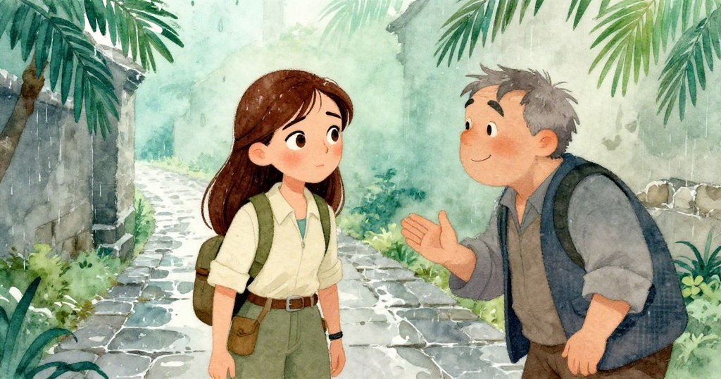 在滂沱大雨中,Anna與好心路人在古老石道上交流,雨水映襯出她猶豫與堅定的神情,情感豐富且充滿溫情。