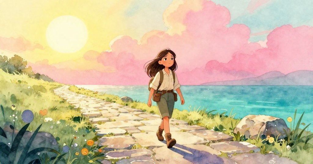 雨後陽光普照,Anna走在露珠閃亮的石路上,臉上充滿堅定與希望,背景呼應冒險起點,情感由開始至結尾完美呼應。