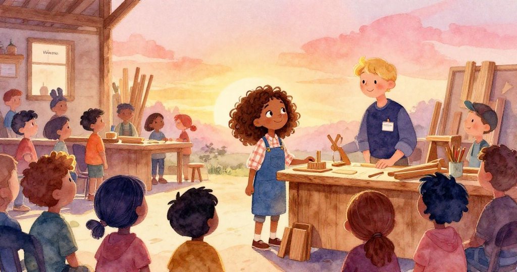 Mia與志工在木工坊入口處熱情登記，眾多訪客圍繞現場充滿好奇與溫馨，木香油味飄散。