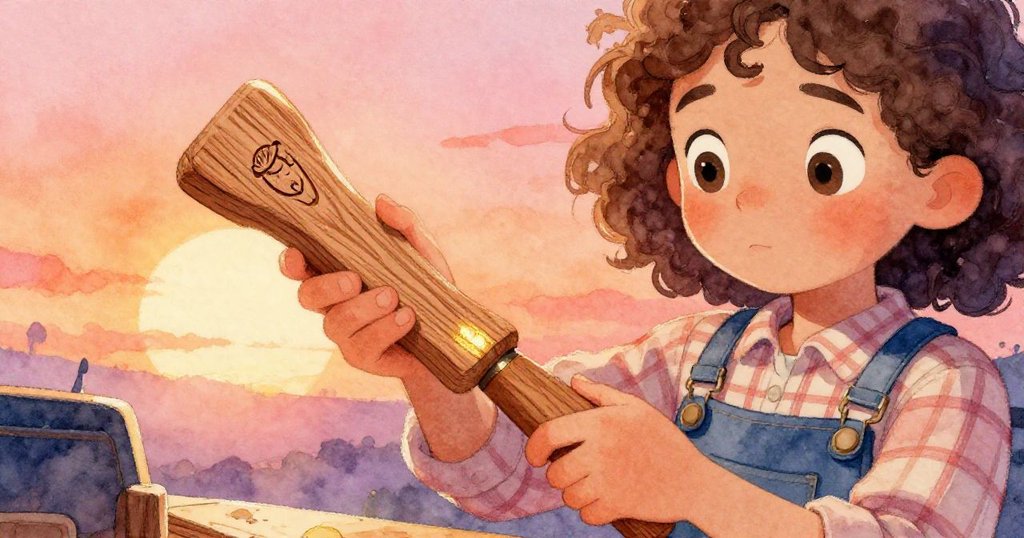 Mia小心翼翼地拿起工藝工具，手部特寫展示刻有秘密標誌的細膩木紋，表情專注且充滿驚奇。