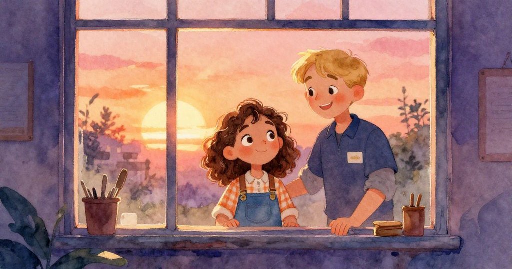 志工與Mia站在窗邊，望向夕陽西下的美景，柔和金光灑入木工坊，內心充滿平靜與期待。