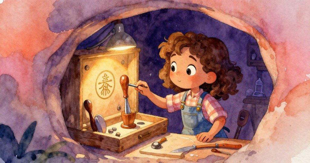 Mia在木工坊隱蔽角落發現工作臺暗藏的小隔間，秘密工具上的刻印透出匠心神秘感，情緒帶探索與驚喜。