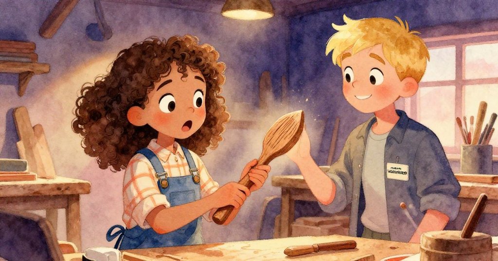 Mia驚訝地展示刻印工具，志工與在場工匠皆露出驚奇表情，木工坊內氣氛緊張而充滿期待。