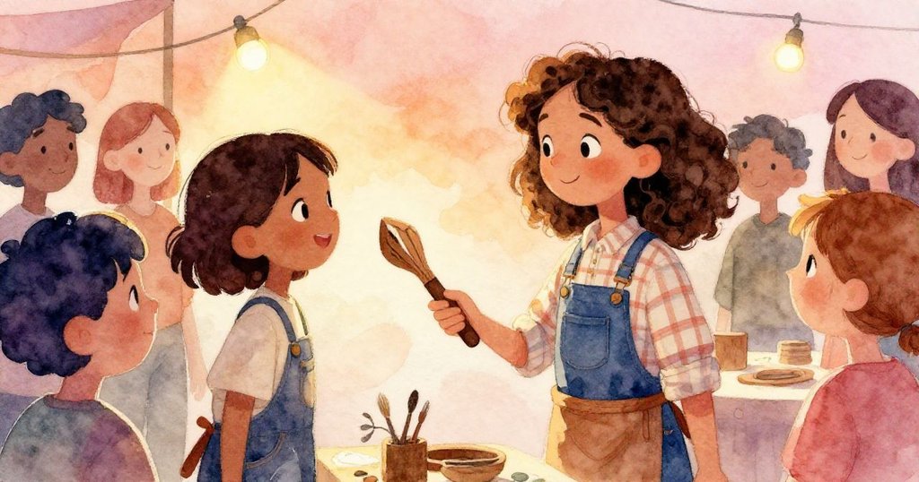 Mia在展覽中與藝術家交換刻印工具，雙方滿懷驕傲與快樂，展現木工藝術與社群溫暖情誼。