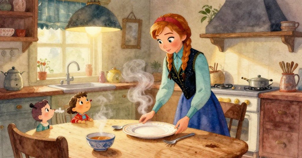 安娜細心擺放閃亮餐盤及餐具，手法溫柔，展現出美食準備的細緻溫馨瞬間。