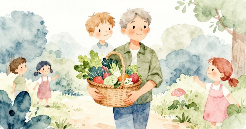 年輕鄰居以低角度入畫，手持豐盛鮮蔬籃子，滿臉愉悅與禮貌，突顯溫馨迎接來客情景。