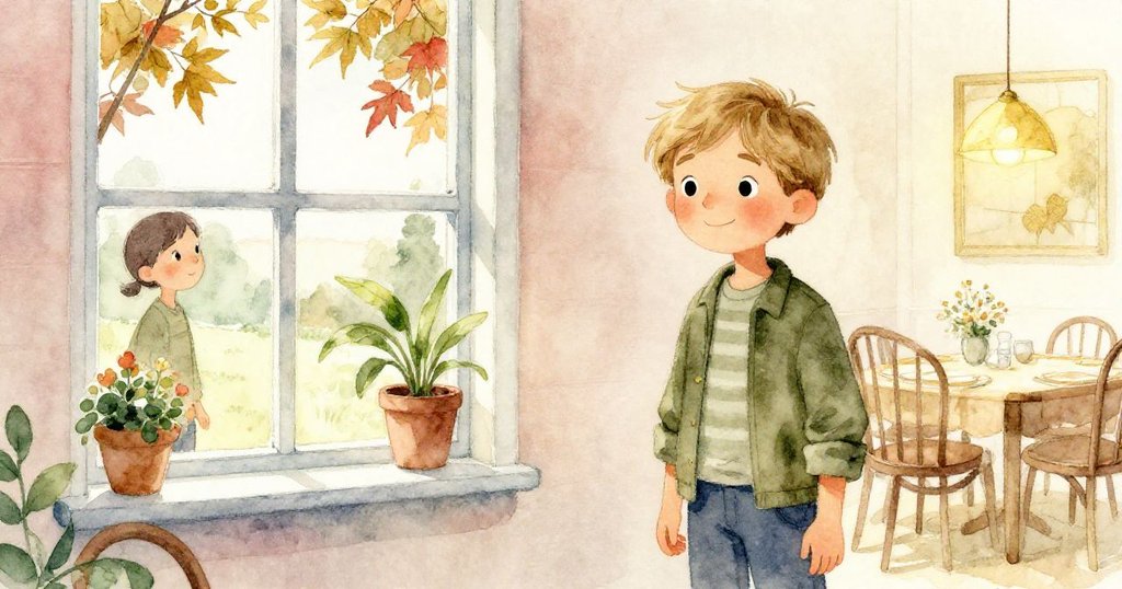 窗外秋葉輕舞，鄰居踏入室內，室內外季節交融，展現溫暖慶祝與自然生機。