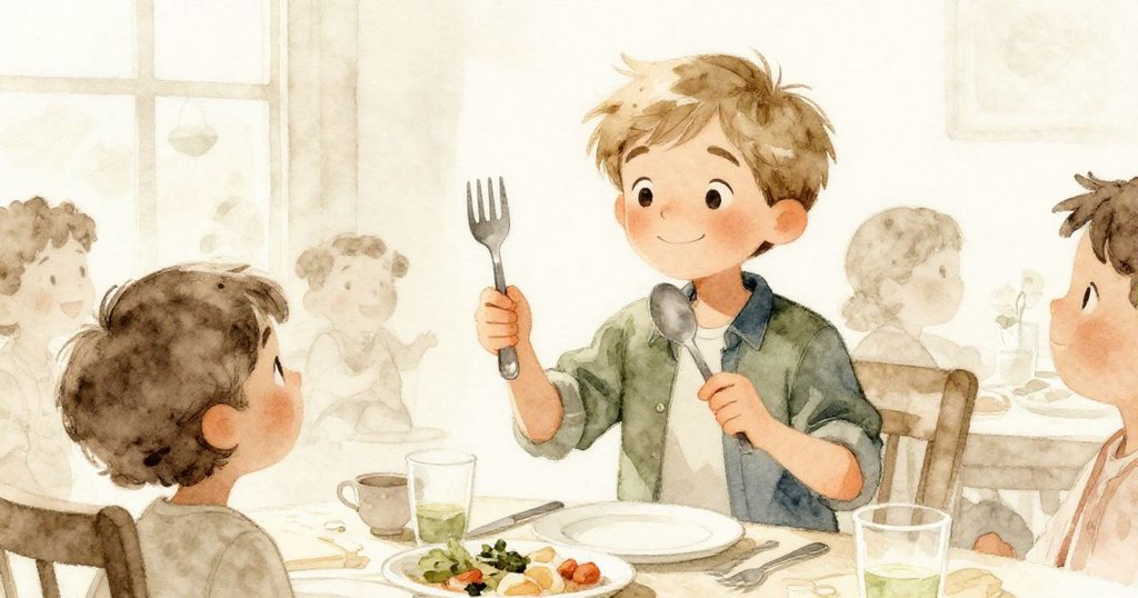 鄰居充滿活力地使用餐具享用湯品，家人環繞互動歡笑，動態場景展現晚餐慶祝熱鬧情景。