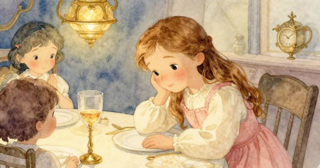 晚餐後安娜安然休憩，眼神流露寧靜喜悅，周圍柔光映出滿滿溫馨回憶，場景祥和。