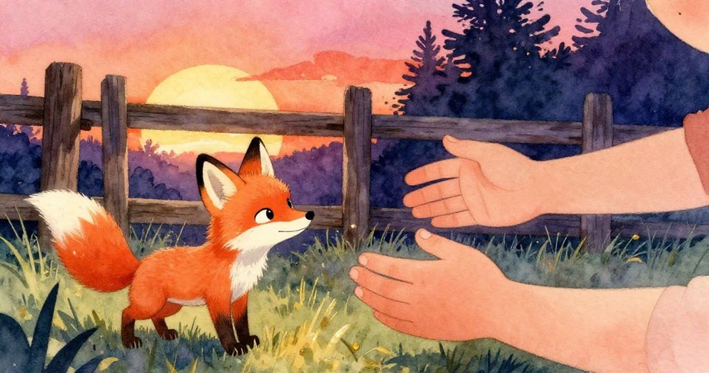 家庭中一隻手溫柔伸向在柵欄邊奔跑的狐狸,細節清晰展示狐狸毛色與手部溫情互動,夜晚氛圍溫暖。