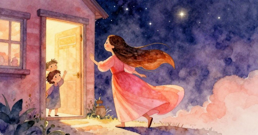 陌生女子由低角度呈現,溫柔微笑著走向燈火搖曳的門邊,眼神充滿好奇與期待,環境靜謐美麗。