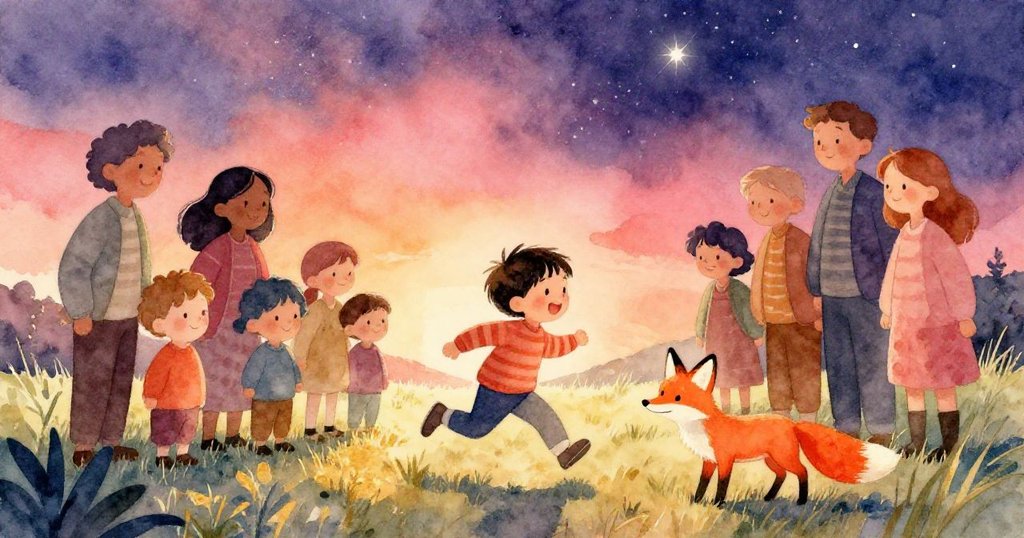 從高處俯瞰,孩子在柔軟草地上奔跑,家人讚賞凝視,狐狸靜看現場,情緒活潑充滿驚喜。